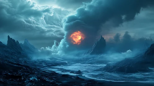 Alien ocean storm encircles fiery celestial vortex eye.