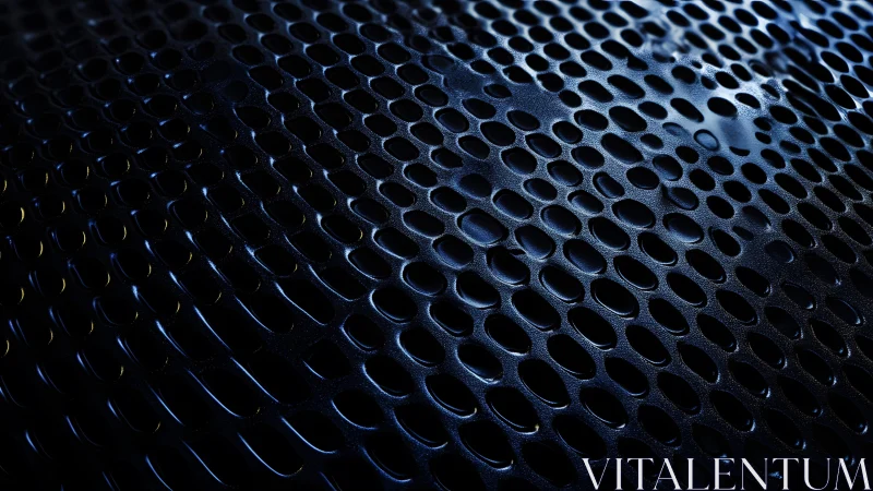 Abstract close-up of black perforated metal surface with blue lighting.