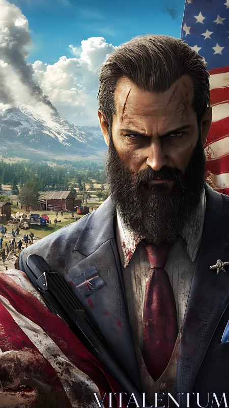 Bearded cult leader in bloodstained suit amid rural militia chaos