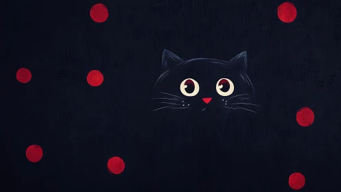 Curious Black Cat Surrounded by Glowing Red Orbs.