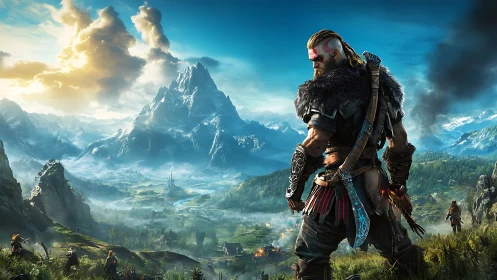 Viking sentinel studies a blazing valley beneath icy peaks