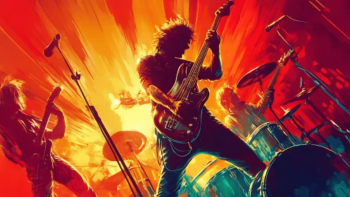 Electric rock band silhouette in vivid orange stage backlight