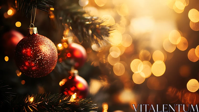 Red glitter bauble on Christmas tree with golden bokeh glow.