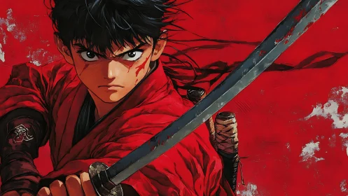 Fierce young samurai in red poised for a brave stand.