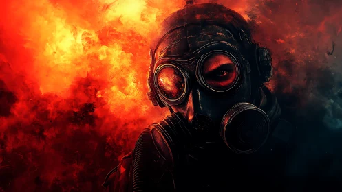 Figure in gas mask before intense orange and red flames.