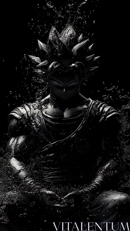 Monochrome anime warrior figure in seated meditative pose.
