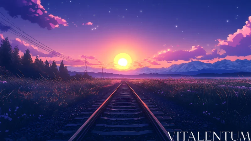 Railway horizon cuts into violet sunset over plains.
