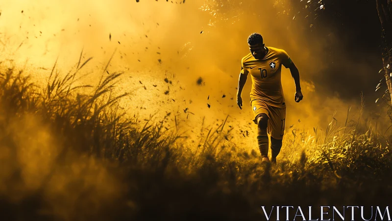 Solitary footballer walks through blazing golden dust storm