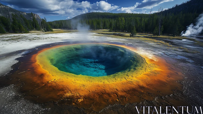 Radiant geothermal spring glows beneath dramatic mountain sky