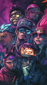 Neon-lit street crew stand united in bold cyber attitude.