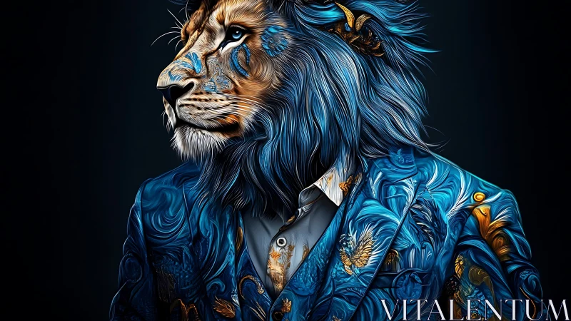 Anthropomorphic blue lion portrait in ornate patterned suit