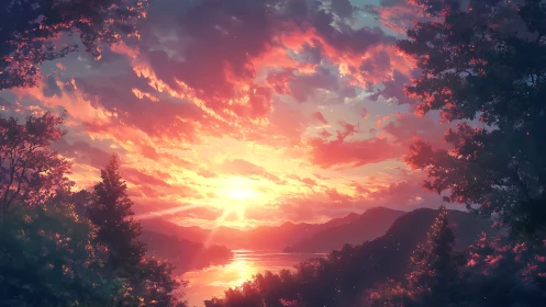 Radiant volumetric sunset over fluvial valley in anime aesthetic.