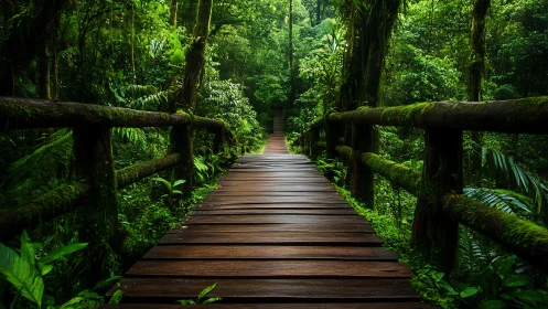 Wooden Boardwalk Through Lush Rainforest Canopy.