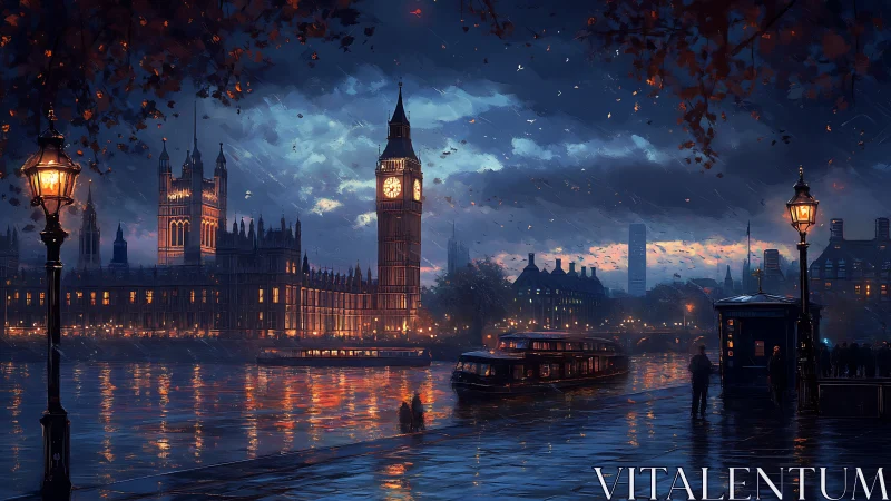 Moody riverside London twilight with glowing Westminster lights.