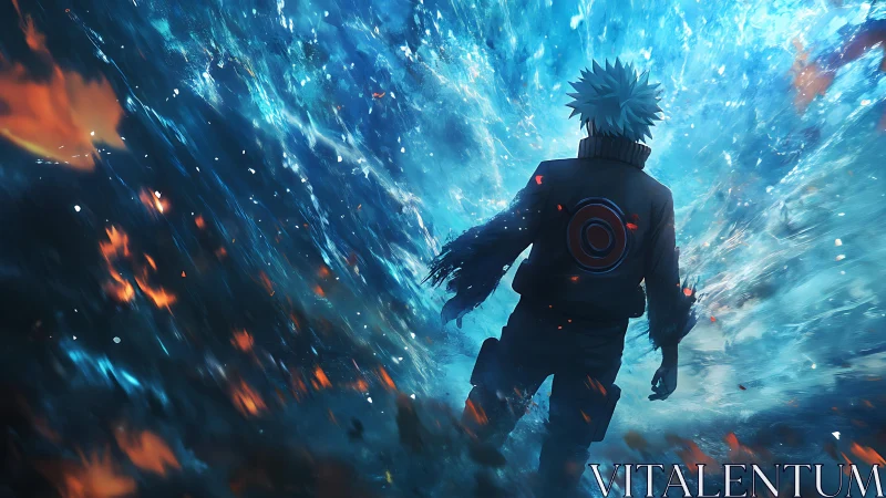 Dynamic backlit anime figure in explosive elemental vortex.