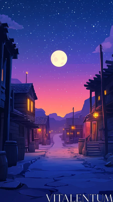 Moonlit western street under vivid twilight sky.