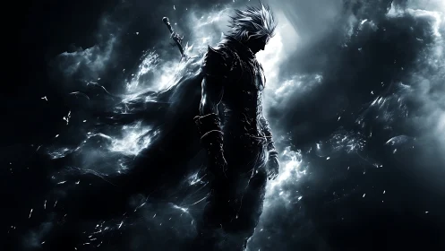 Silver haired warrior stands in glowing stormlike darkness