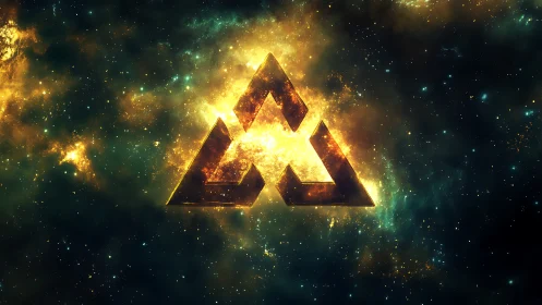 Glowing geometric emblem drifts in a bright cosmic nebula