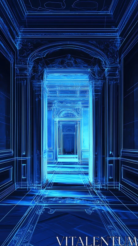 Neon Neoclassical Corridor: Cyan Light Through Recessed Architectural Apertures.