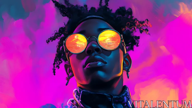 Neon-lit portrait of person in reflective round sunglasses.