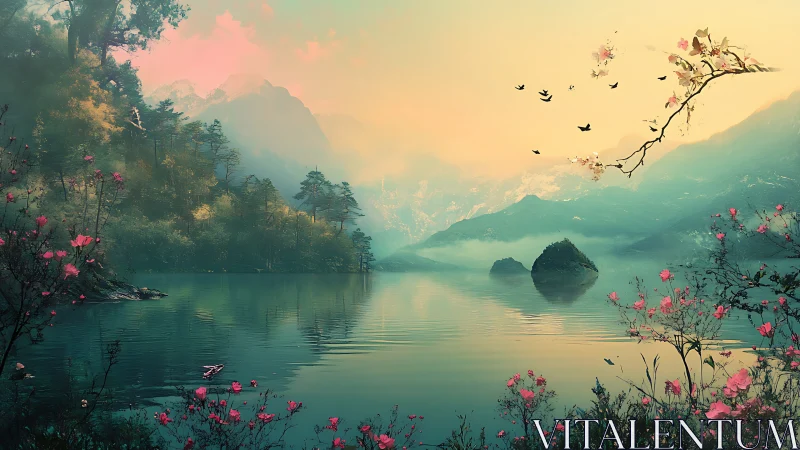 Dreamlike alpine lake beneath pastel dawn skyscape.