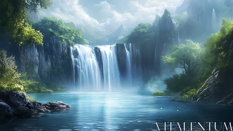 Gentle waterfalls pour into a misty blue lagoon sanctuary