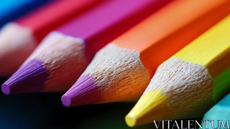 Macro view of sharpened colored pencils in neat row.