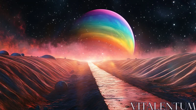 Radiant rainbow planet rising above a glowing cosmic road.