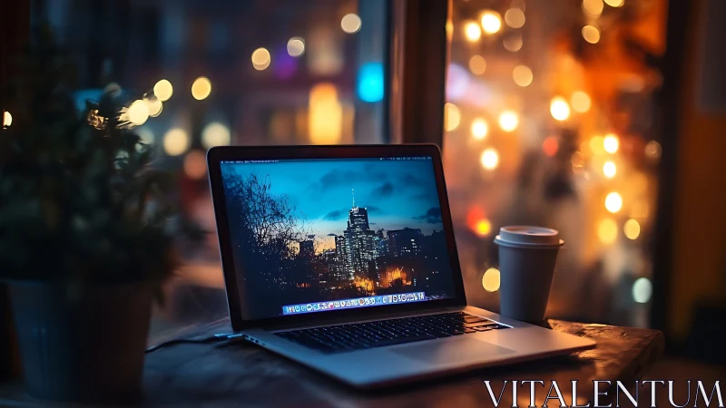 Laptop displays cityscape wallpaper on wooden café table