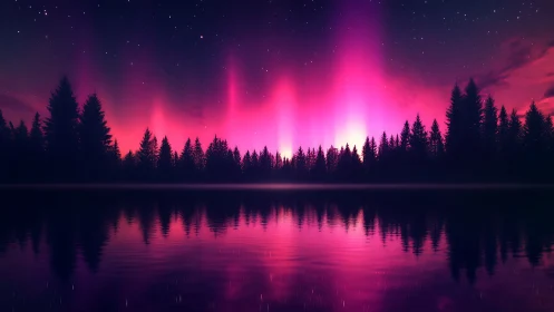Northern lights glow above forest silhouette and still lake