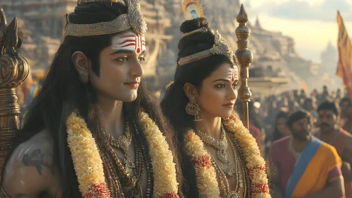 Digital depiction of divine royal couple in temple procession