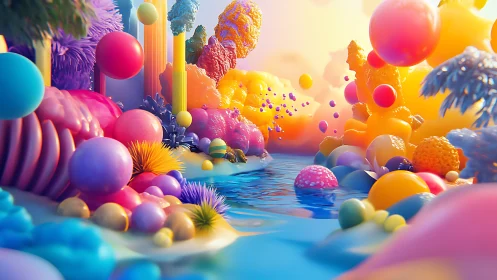 3D chromatic fantasy landscape with fluid river corridor design.