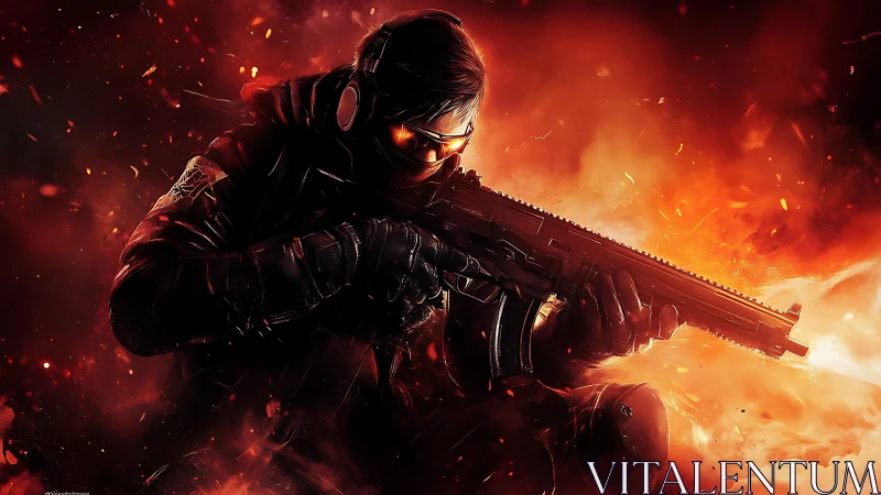 Tactical soldier aims rifle amid explosive fiery battlefield