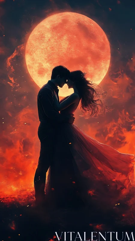 Silhouetted Couple Embracing Against Luminous Celestial Orb.