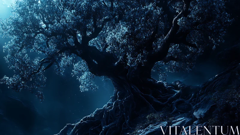 Moonlit ancient tree spreading gentle magic through night.