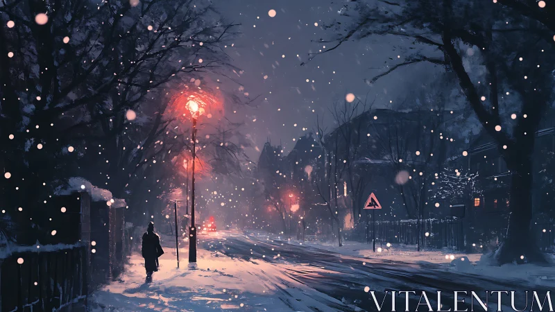 Snow-covered urban street under lamplight with falling flakes at dusk