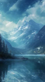 Glacial peaks mirrored in ethereal twilight lakescape.