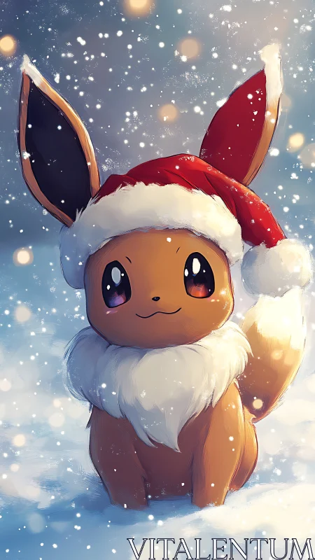 Cartoon foxlike creature in red winter hat in snowfall.