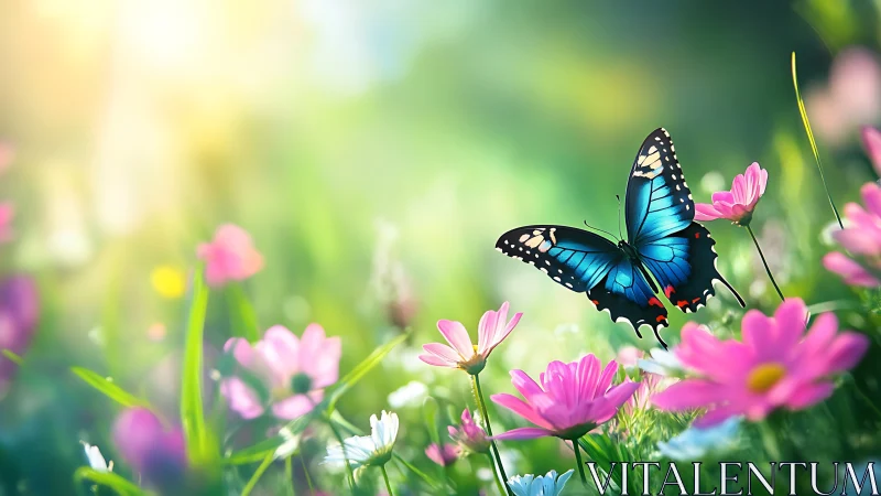 Sky-bright butterfly hovers like living ink over pink blooms