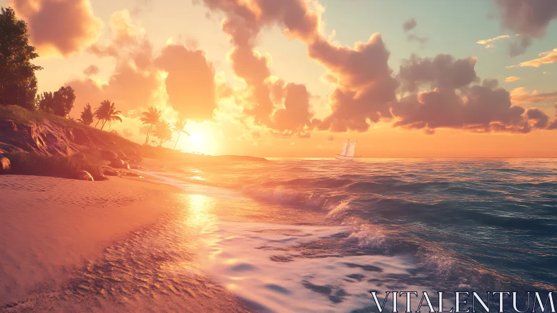 Tropical Beach Sunset with Coastal Rock Formation and Sailboat.