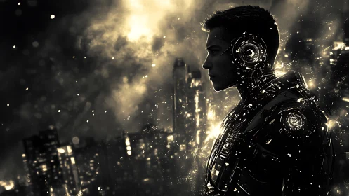 Cybernetic male profile integrates luminous circuitry in noir skyline