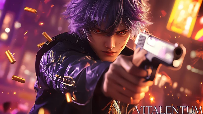 Purple-haired shooter with handgun in neon urban street.