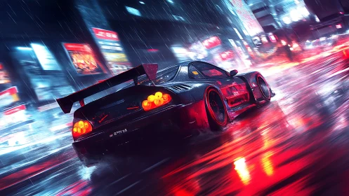Modified sports car on wet neon city street at night.