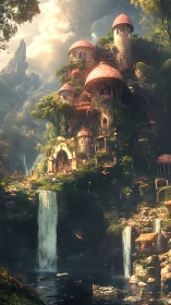 Mushroom turret citadel above twin whispering waterfalls.