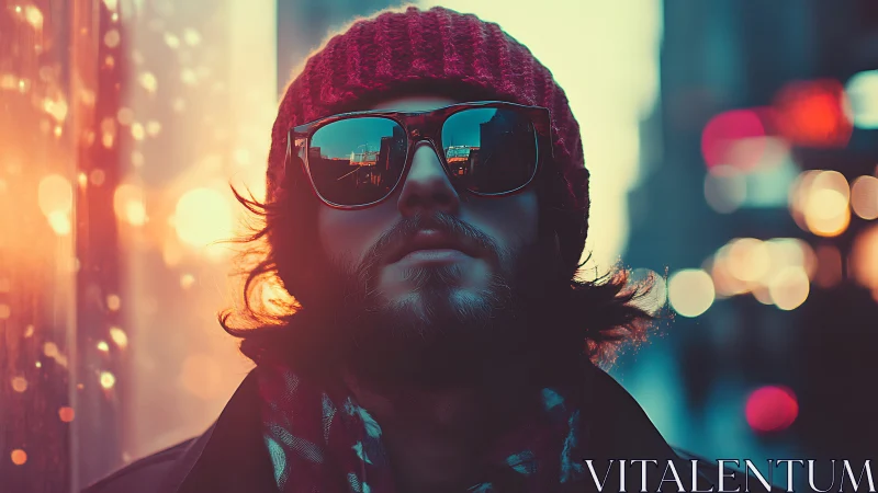 Urban twilight portrait with reflective optics and bokeh glow.