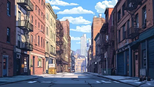 Quiet city backstreet glowing under a bright blue sky.