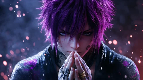 Brooding violet warrior gathers firelit resolve in silence.