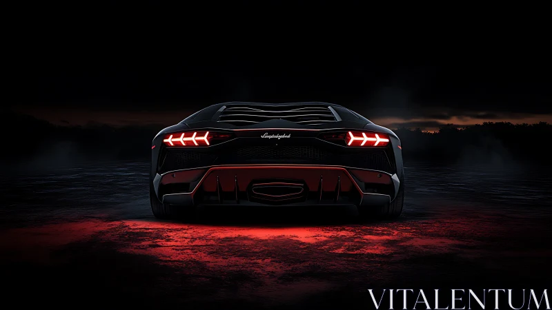 Supercar taillights burn through the night in dramatic profile.