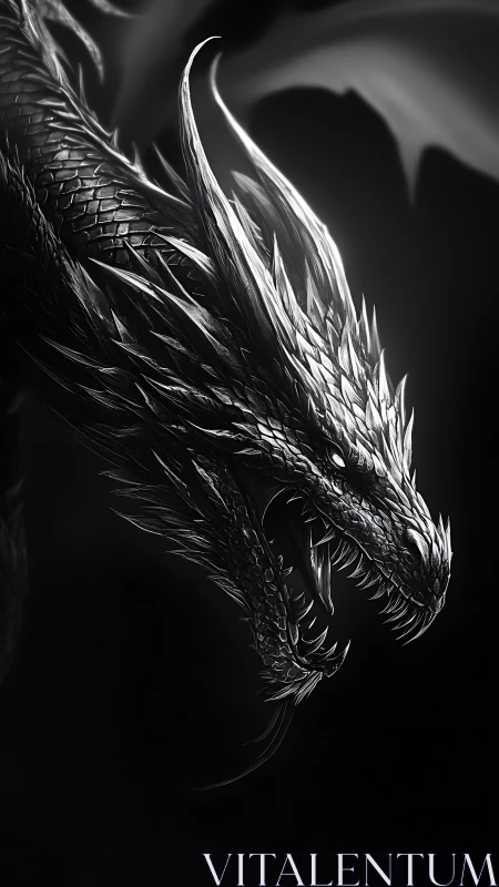 Monochrome dragon head with sharp scales and fierce glare.