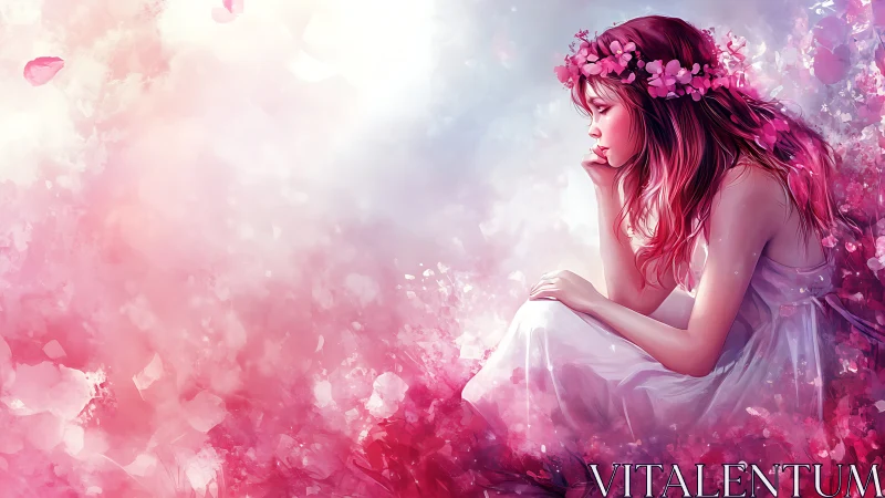 Girl in white dress sits amid luminous pink petals